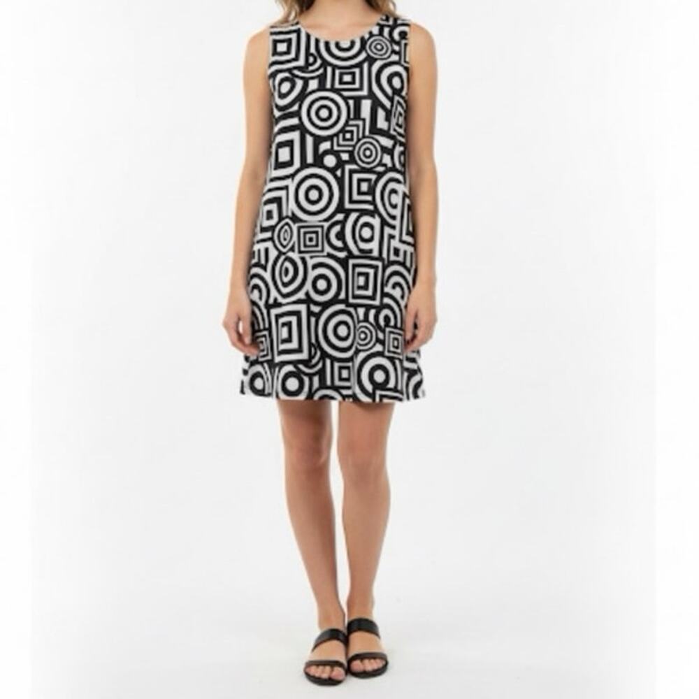 Aryeh Geometric Black White Sleeveless A-Line Skimmer Dress  Wrinkle Free Size L